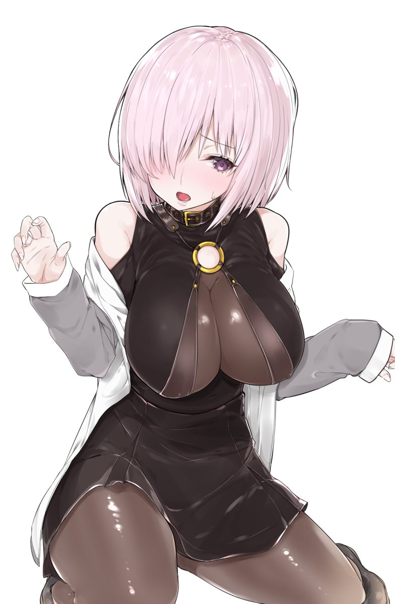 1girl, bare_shoulders, black_legwear, blush, breasts, collar, cosplay, fate/extra, fate/extra_ccc, fate/grand_order, fate_(series), hair_over_one_eye, highres, jacket, large_breasts, mitsudoue, o-ring, open_clothes, open_jacket, open_mouth, pantyhose, passion_lip, passion_lip_(cosplay), purple_hair, shielder_(fate/grand_order), short_hair, simple_background, solo, violet_eyes, white_background
