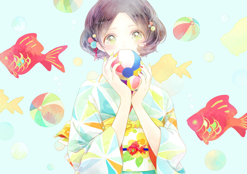1girl, brown_hair, dekitani, fish, goldfish, green_eyes, green_nails, hair_ornament