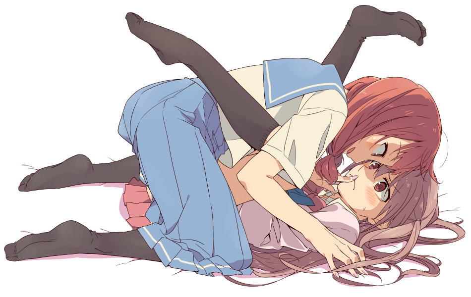 2girls, achiga_school_uniform, atarashi_ako, between_legs, black_legwear, blush, brown_hair, cardigan