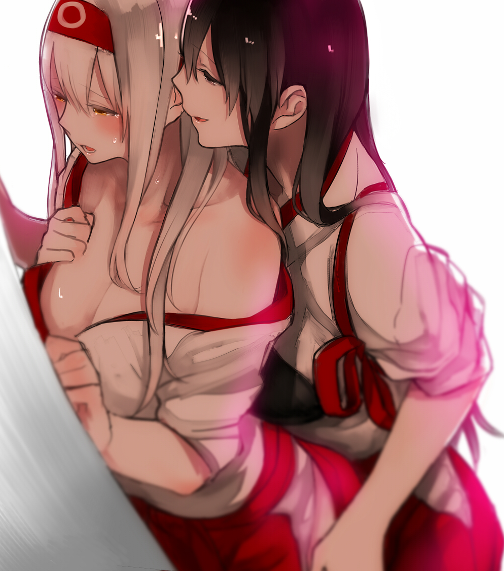 2girls, akagi_(kantai_collection), bare_shoulders, blurry, blush, breasts, brown_eyes, brown_hair