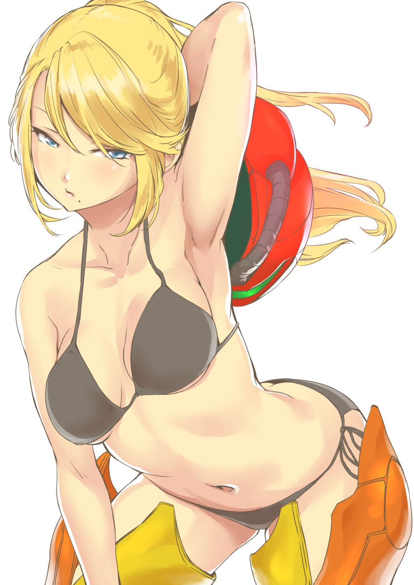 1girl, arched_back, arm_up, armor, armpits, bent_over, bikini, black_bikini