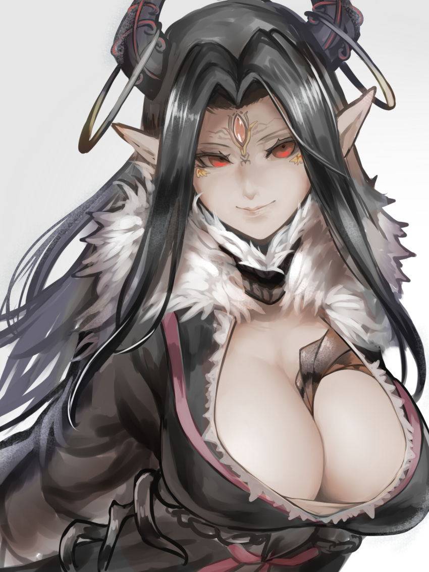 1girl, between_breasts, black_hair, breasts, closed_mouth, eyelashes, facing_viewer, forehead_jewel