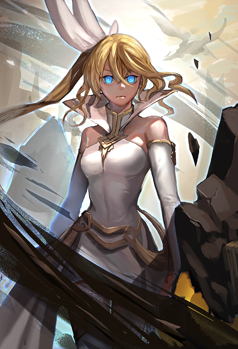 1girl, alisha_diphda, alternate_costume, arm_warmers, blonde_hair, blue_eyes, cowboy_shot, dress