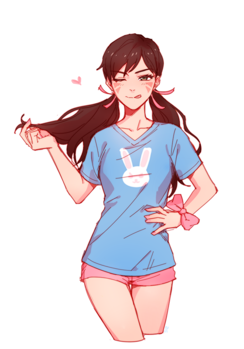 1girl, ;q, alternate_hairstyle, animal_print, artist_name, bangs, blue_shirt, blush