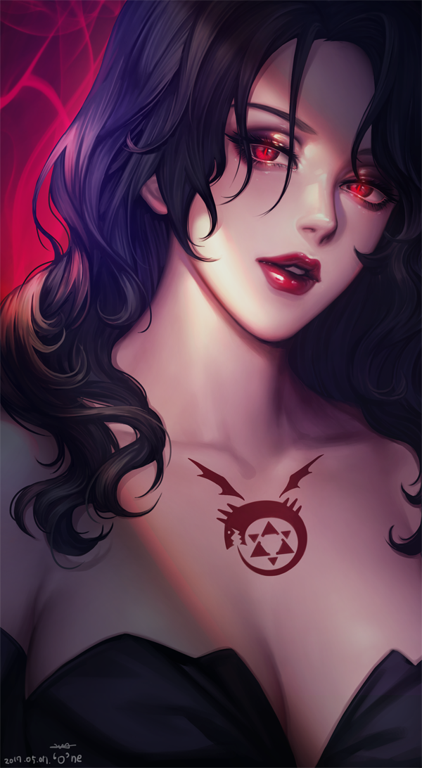 'o'ne, 1girl, 2017, artist_name, black_hair, breasts, chest_tattoo, cleavage, dated, eyelashes, facing_viewer, fullmetal_alchemist, glowing, glowing_eyes, large_breasts, lipstick, long_hair, looking_at_viewer, lust, makeup, parted_lips, red_background, red_eyes, red_lips, slit_pupils, solo, strapless, tattoo, upper_body, wavy_hair