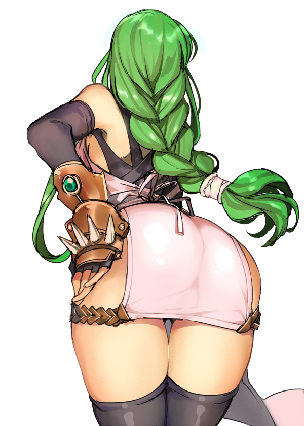 1girl, ass, bare_shoulders, bastard!!, braid, c.c., code_geass, commentary_request, cosplay, creayus, elbow_gloves, fingerless_gloves, gloves, green_hair, long_hair, single_braid, solo, spiked_knuckles, thigh-highs, tia_noto_yoko
