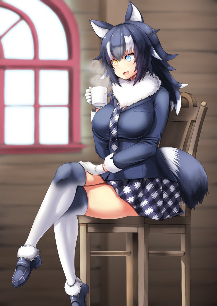 1girl, :d, animal_ears, bangs, black_hair, black_jacket, blue_eyes, blurry
