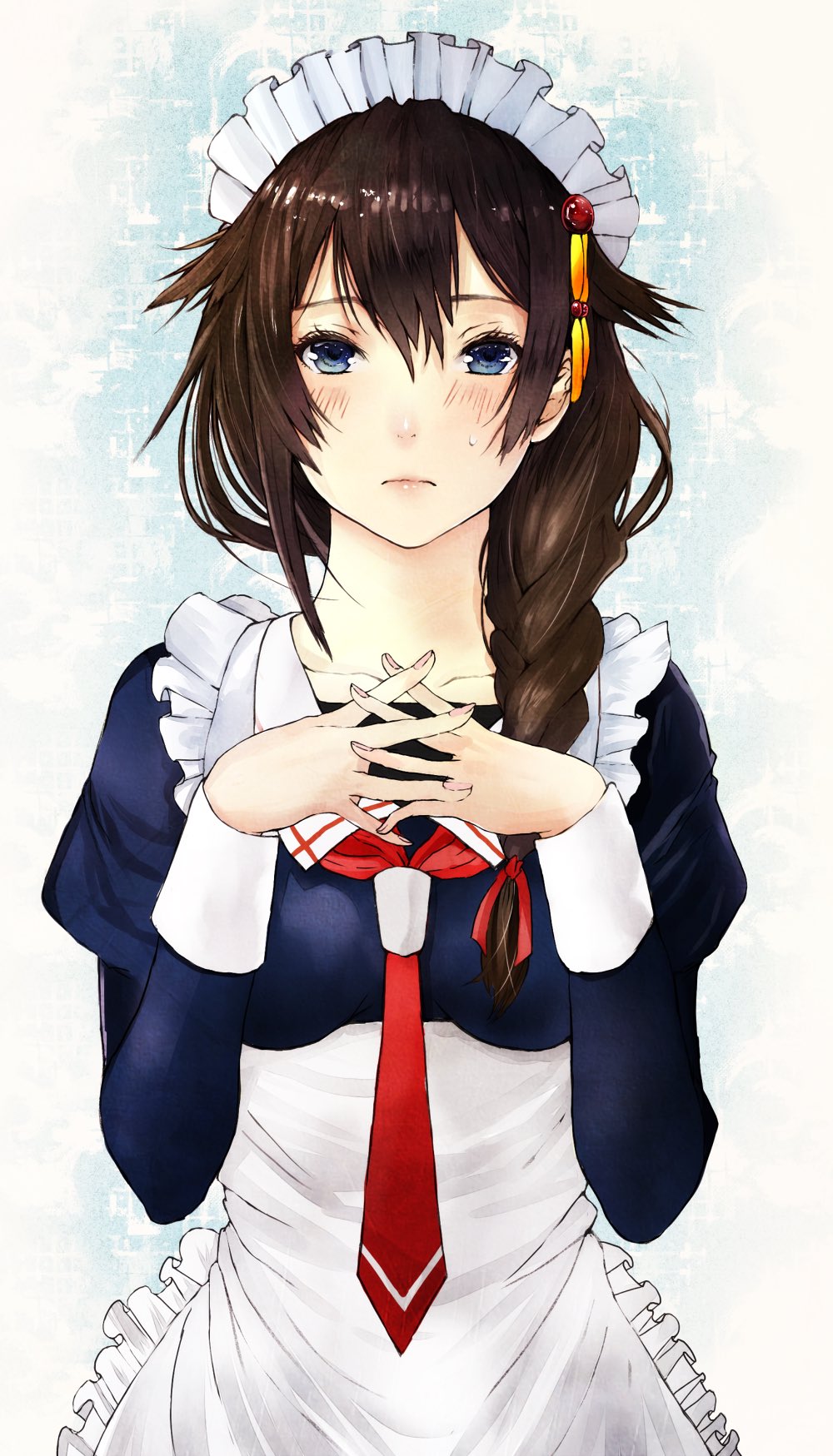 1girl, alternate_costume, apron, blue_eyes, blush, braid, breasts, brown_hair, collarbone, commentary_request, embarrassed, enmaided, fingernails, fingers_together, gradient, gradient_background, hair_flaps, hair_ornament, hair_over_shoulder, hair_ribbon, hairpin, highres, juliet_sleeves, kantai_collection, lips, long_hair, long_sleeves, looking_at_viewer, magai_akashi, maid, medium_breasts, nail_polish, neckerchief, pink_nails, puffy_sleeves, red_neckerchief, red_ribbon, remodel_(kantai_collection), revision, ribbon, shigure_(kantai_collection), single_braid, solo, sparkle, sweat, upper_body, wavy_mouth, white_apron
