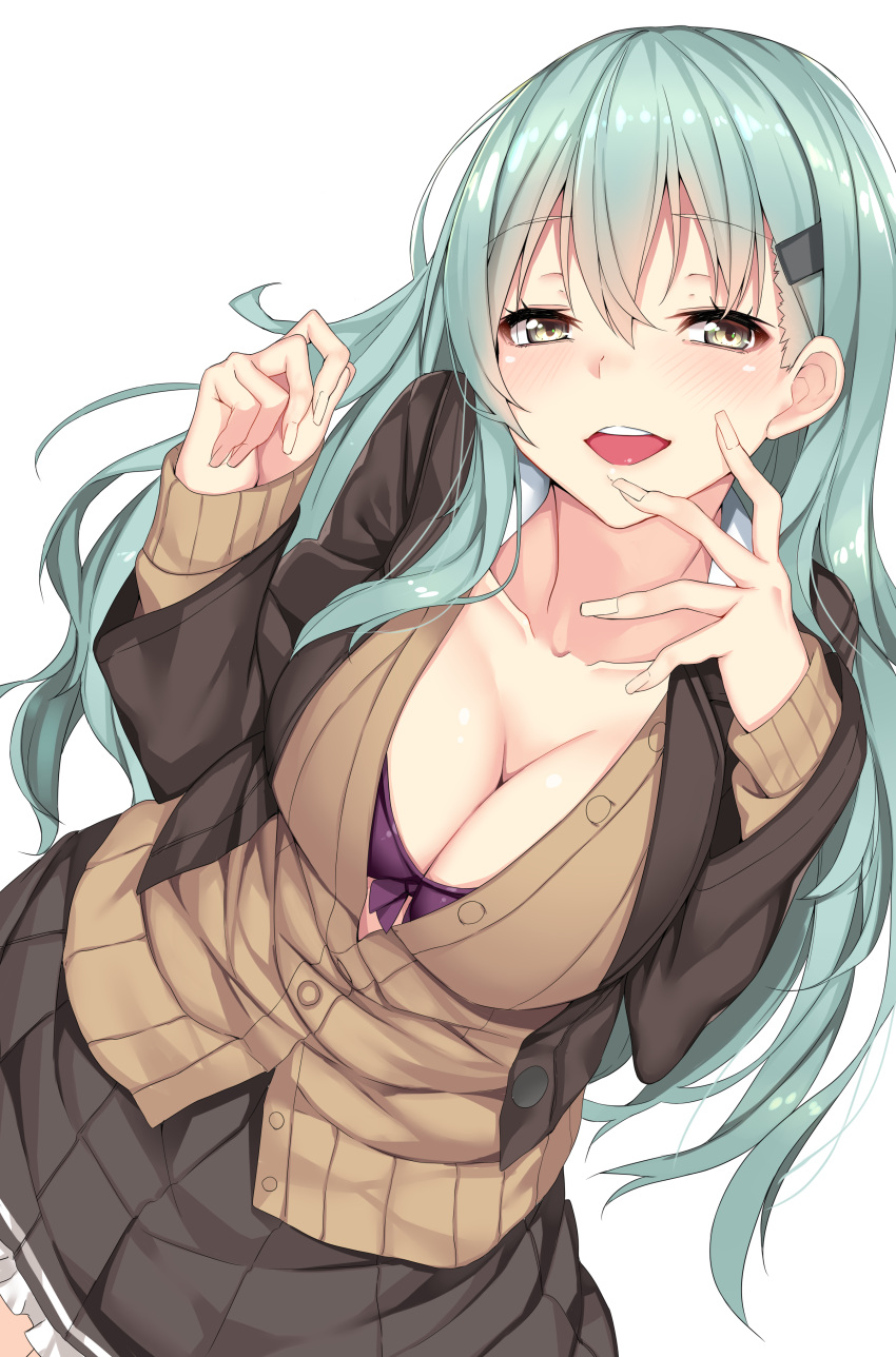 1girl, absurdres, aqua_hair, bad_anatomy, beige_background, bra, breasts, cleavage, dated, dutch_angle, eyebrows_visible_through_hair, fingernails, hair_ornament, hairclip, hand_to_own_mouth, highres, kantai_collection, large_breasts, long_fingernails, long_fingers, long_hair, looking_at_viewer, nebusoku, open_clothes, open_shirt, purple_bra, remodel_(kantai_collection), saliva, shirt, simple_background, skirt, sleeves_past_wrists, smile, solo, suzuya_(kantai_collection), twitter_username, unbuttoned, underwear