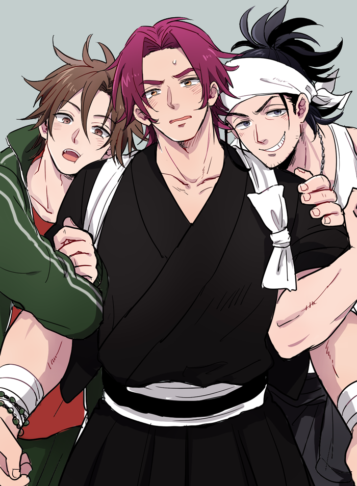 3boys, 50yen, arm_hug, bandanna, black_hair, boy_sandwich, brown_eyes, brown_hair