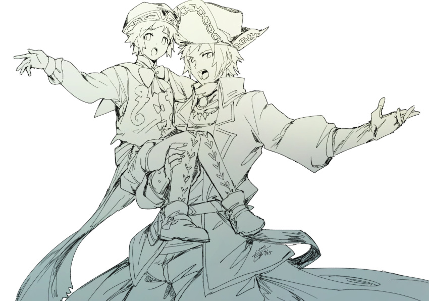 2boys, bard_(granblue_fantasy), belt, child, cravat, dual_persona, gran_(granblue_fantasy), granblue_fantasy