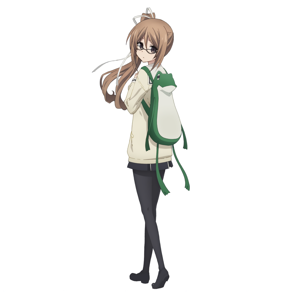 1girl, black_legwear, black_skirt, brown_eyes, brown_hair, chaos;child, full_body, glasses