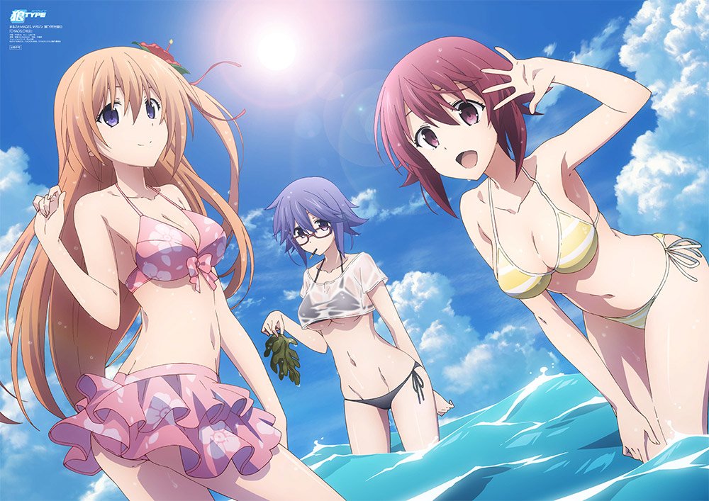 3girls, :d, arm_up, armpits, bikini, bikini_skirt, black_bikini, blue_eyes