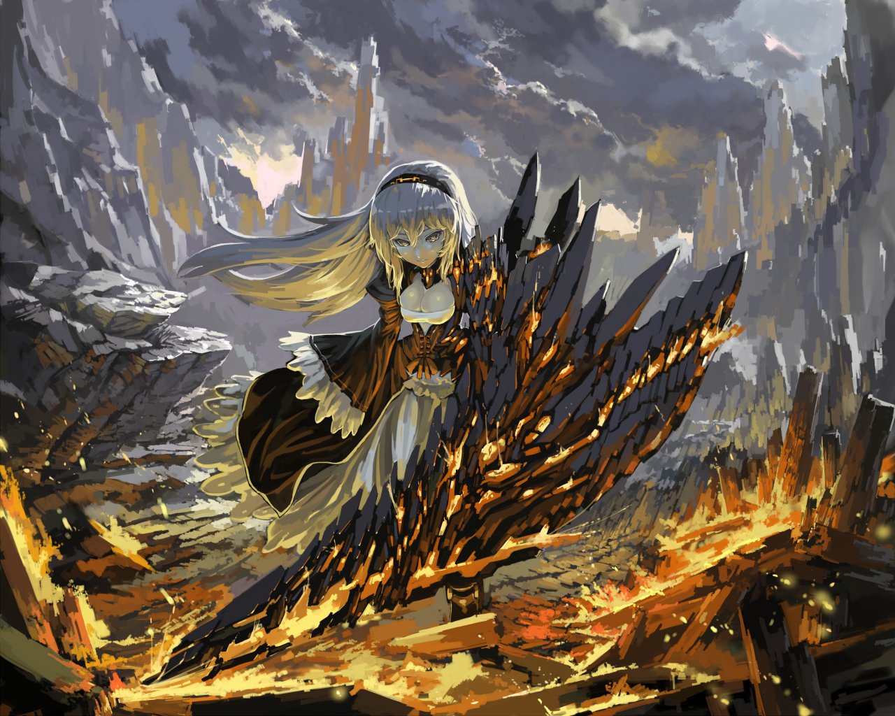 1girl, blonde_hair, cleavage_cutout, clouds, cloudy_sky, commentary, fire, frilled_skirt