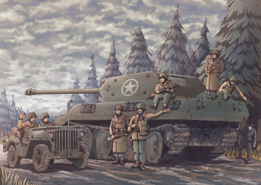 6+boys, bolt_action, car, clouds, earasensha, ersatz_m10, flower, forest, grass, ground_vehicle, gun, jeep, military, military_vehicle, motor_vehicle, multiple_boys, nature, panzerkampfwagen_panther, real_life, rifle, sky, tank, tree, weapon