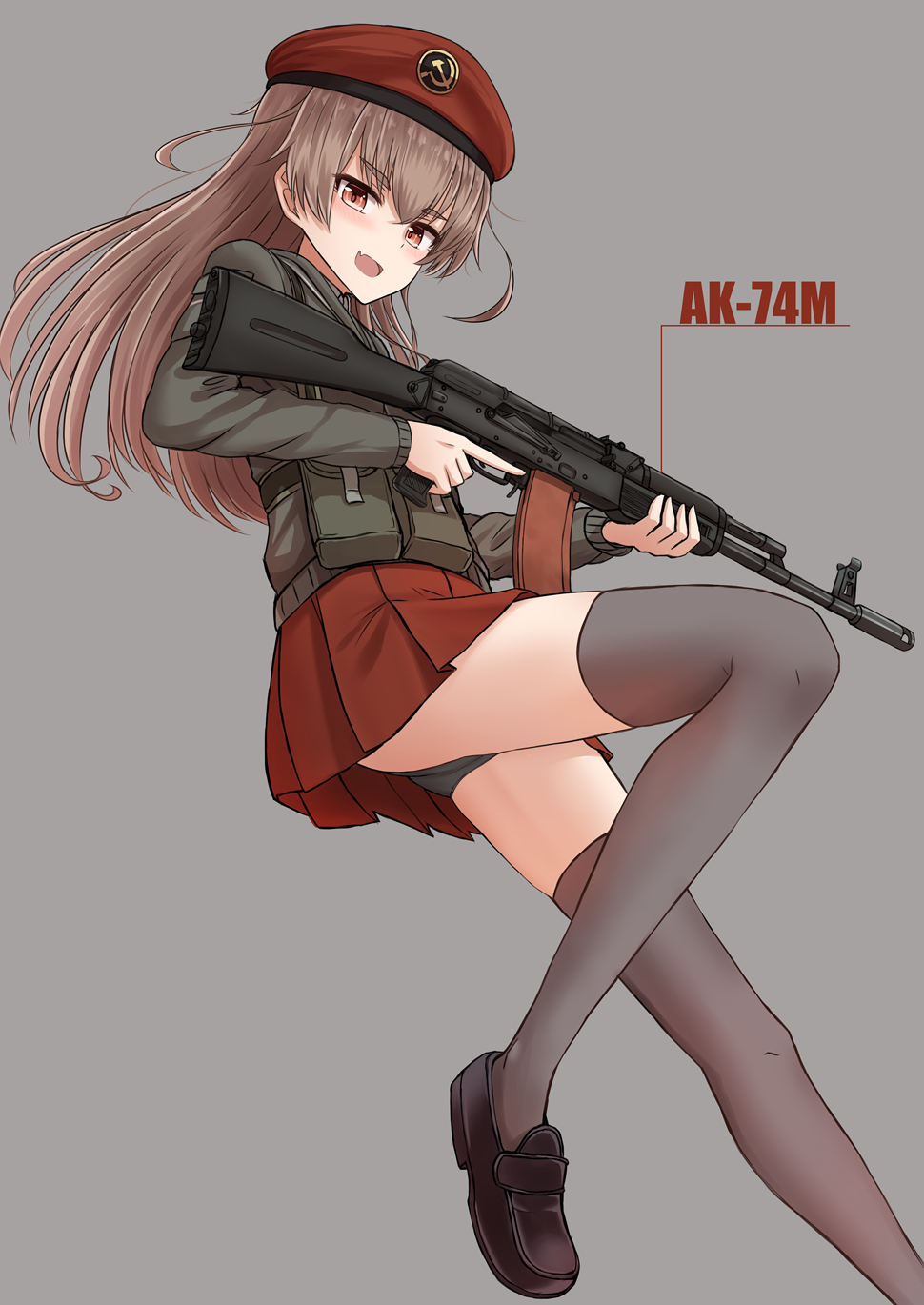 >:d, 1girl, :d, ak-74m, assault_rifle, bangs, beret, black_shoes