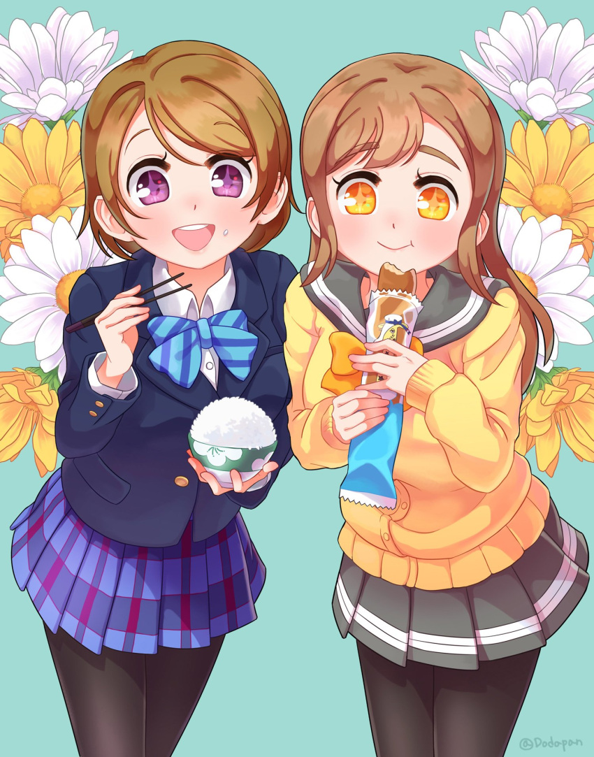 2girls, :d, aqua_background, bangs, black_legwear, blazer, blue_bow, blue_bowtie, bow, bowl, bowtie, bread, brown_hair, cardigan, commentary_request, dodapan, eating, floral_background, food, food_on_face, highres, holding, holding_bowl, holding_food, jacket, koizumi_hanayo, kunikida_hanamaru, long_hair, long_sleeves, looking_at_viewer, love_live!, love_live!_school_idol_project, love_live!_sunshine!!, miniskirt, multiple_girls, open_mouth, pantyhose, pleated_skirt, rice, rice_bowl, rice_on_face, school_uniform, serafuku, short_hair, skirt, smile, sparkling_eyes, striped, striped_bow, striped_bowtie, twitter_username, violet_eyes, yellow_bow, yellow_bowtie, yellow_eyes