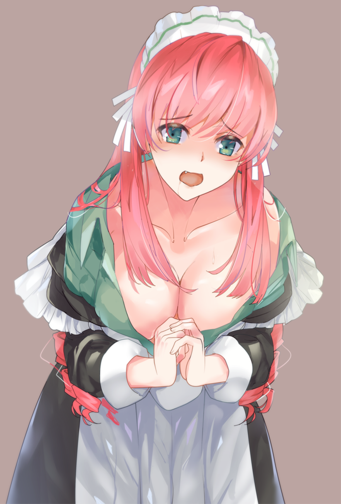 1girl, bangs, breasts, cleavage, collarbone, dress, drooling, fang