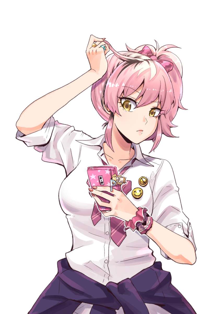 1girl, absurdres, adjusting_hair, arm_up, badge, bangs, blonde_hair, bow