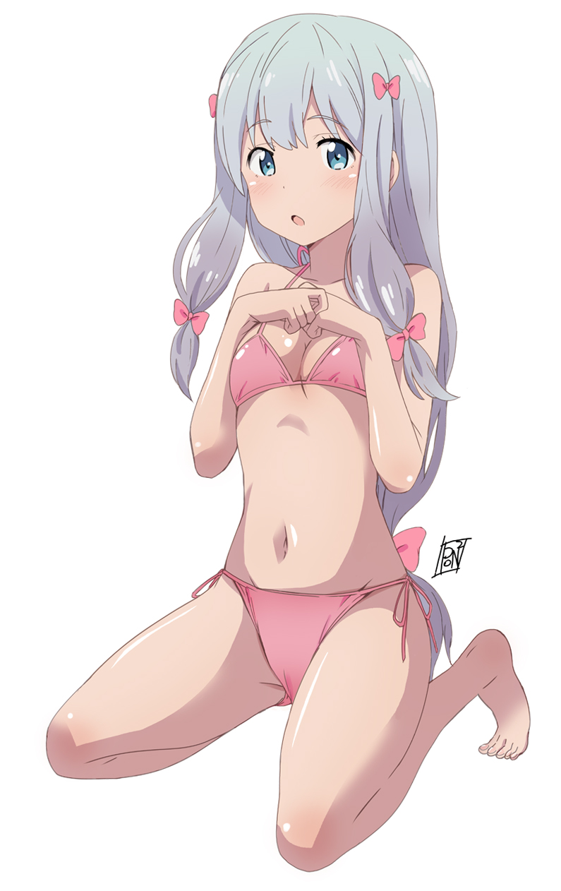 1girl, barefoot, bikini, blue_eyes, bow, eromanga_sensei, hair_bow, highres, izumi_sagiri, kneeling, long_hair, looking_at_viewer, low-tied_long_hair, navel, pink_bikini, pink_bow, ponpon, side-tie_bikini, silver_hair, simple_background, solo, swimsuit, white_background