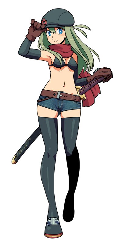 1girl, belt, bikini_top, black_gloves, black_legwear, blue_eyes, breasts, elbow_gloves, gloves, green_hair, hat, long_hair, muramasa-sushi, navel, original, scarf, short_shorts, shorts, solo, sword, thigh-highs, weapon, yunomiya_agari