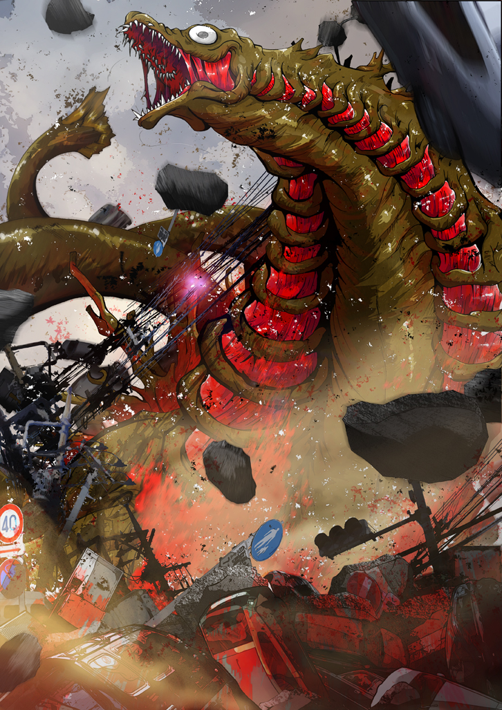ballpoint_pen_(medium), blood, city, dbnti, destruction, gills, godzilla_(series), kaijuu