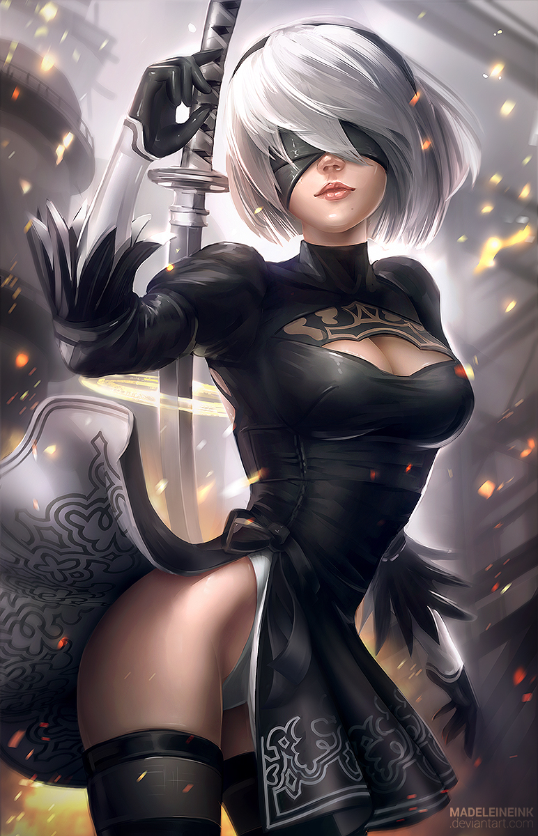 1girl, artist_name, black_blindfold, black_boots, black_dress, black_gloves, black_hairband, blindfold