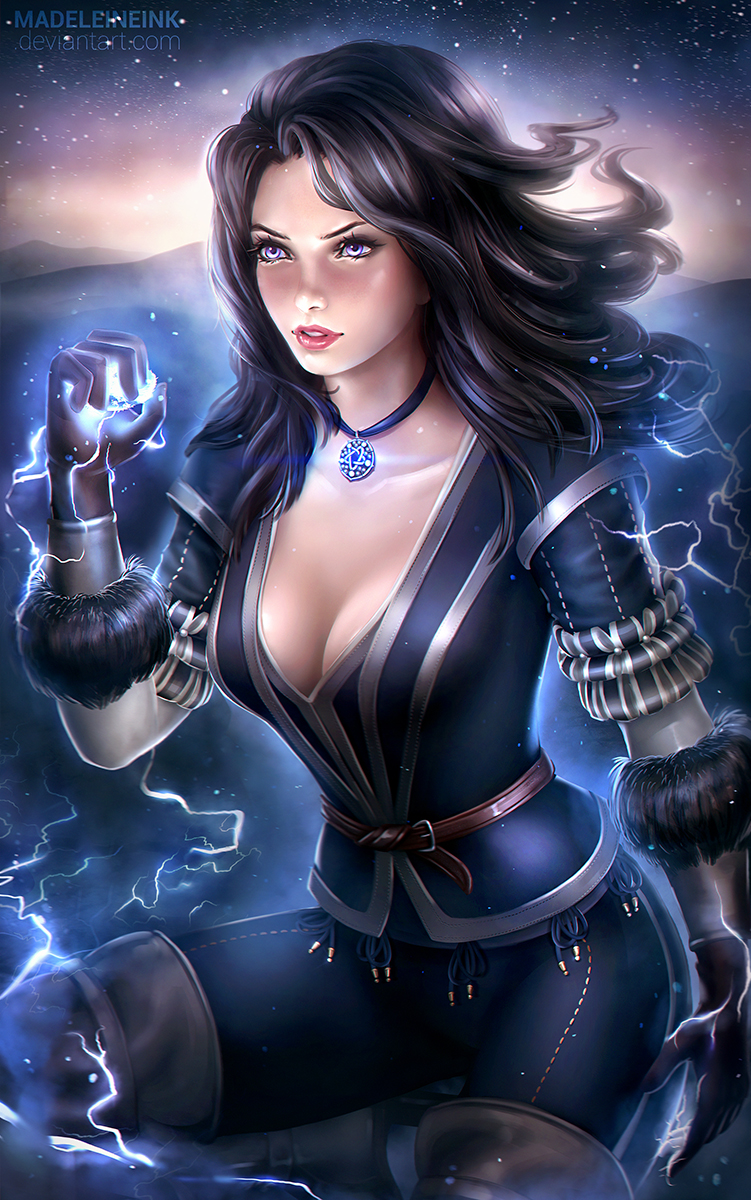 1girl, artist_name, black_hair, breasts, cleavage, collarbone, electricity, glowing