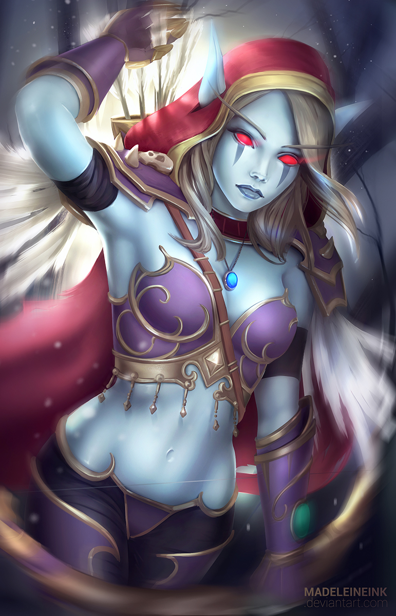 1girl, armor, artist_name, bikini_armor, blue_skin, breasts, burning_eyes, cape