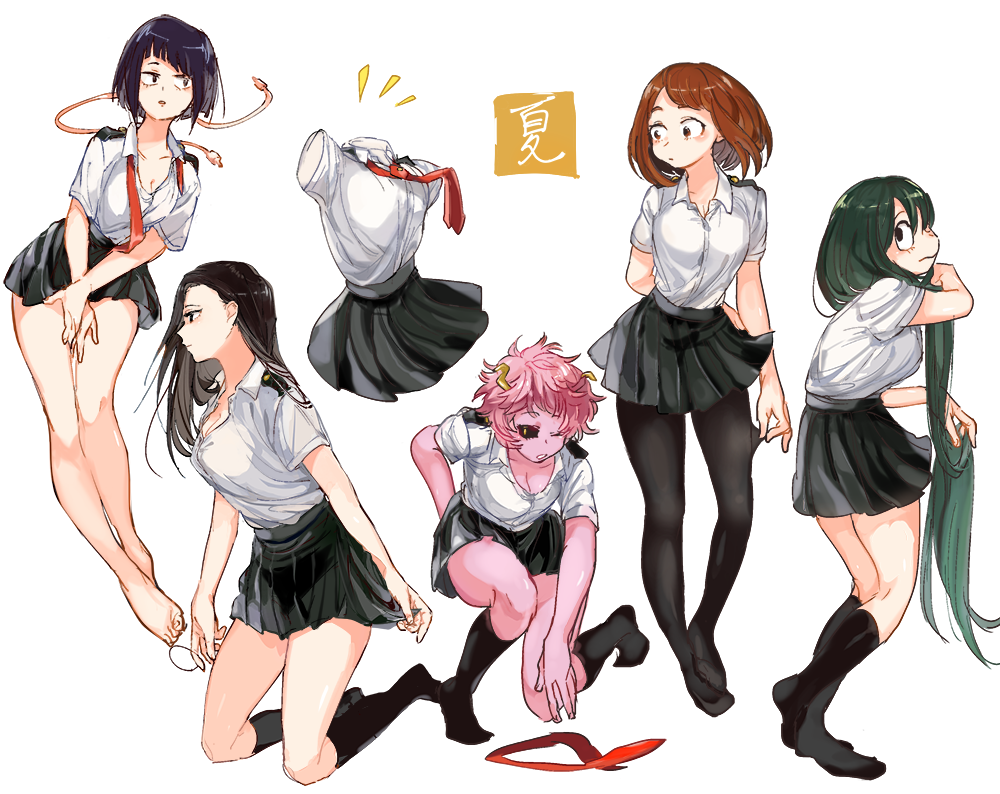 6+girls, anezu, antennae, ashido_mina, asui_tsuyu, barefoot, black_hair, black_legwear, boku_no_hero_academia, breasts, brown_hair, cleavage, collared_shirt, feet, full_body, green_hair, hagakure_tooru, hair_down, invisible, jirou_kyouka, kneeling, long_hair, multiple_girls, necktie, no_shoes, pantyhose, pink_hair, pink_skin, pleated_skirt, purple_hair, red_necktie, school_uniform, shirt, short_hair, simple_background, skirt, uraraka_ochako, white_background, yaoyorozu_momo