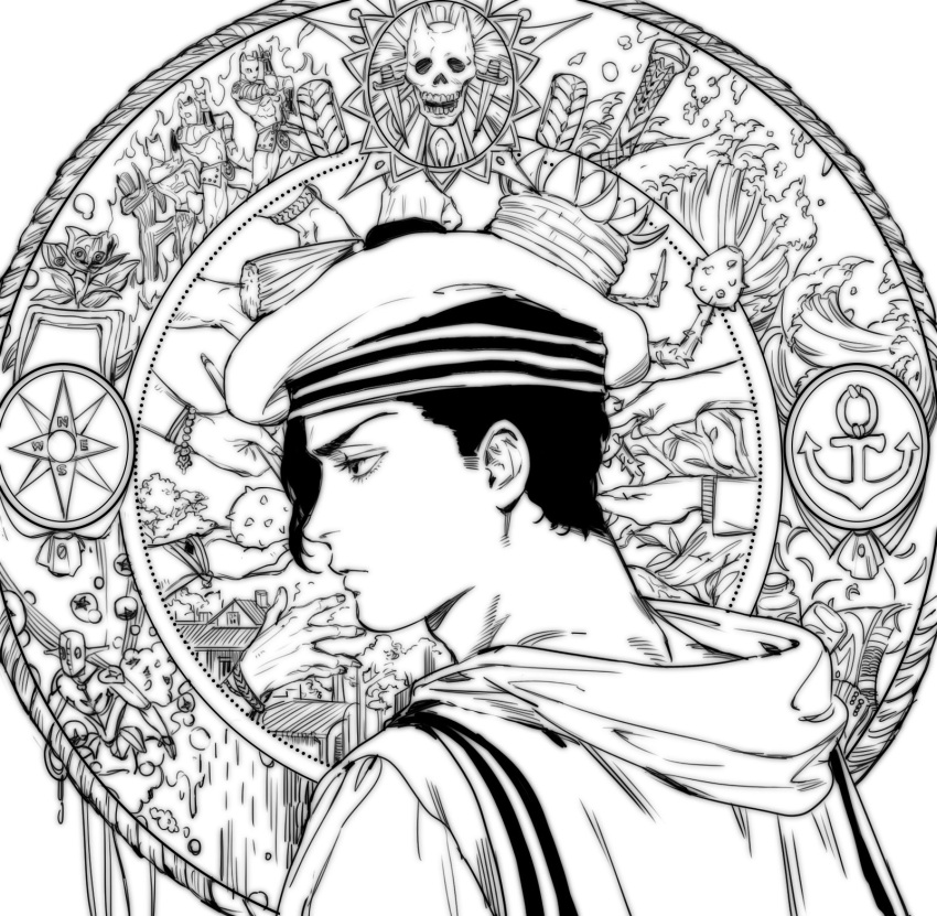 1boy, anchor_symbol, bracelet, bubble, from_side, hat, highres, hood, jewelry, jojo_no_kimyou_na_bouken, jojo_pose, jojolion, killer_queen, kira_yoshikage_(jojolion), knife, male_focus, nojamman, plant, pose, profile, rokakaka, sailor, sailor_hat, soft_&amp;_wet, solo, stand_(jojo), star, stray_cat_(jojo), tire, waves