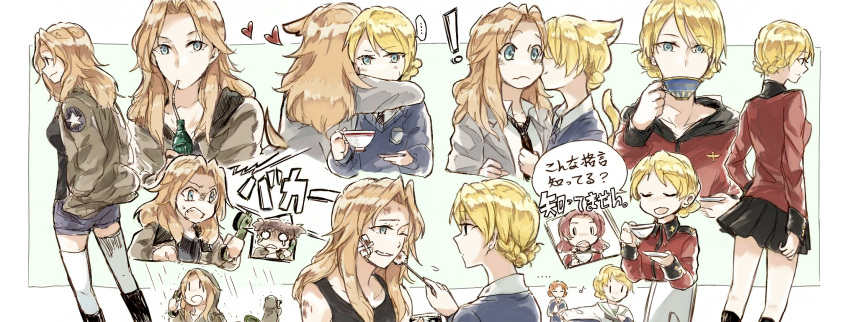 4girls, alisa_(girls_und_panzer), blue_eyes, blush, bomber_jacket, crying, cup, darjeeling