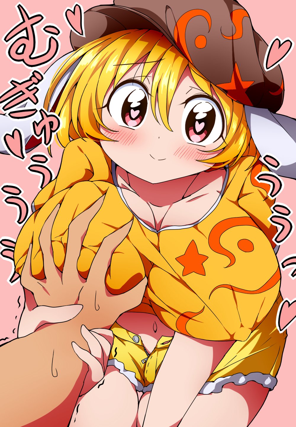 1girl, animal_ears, blonde_hair, blush, breast_grab, breasts, bwell, cabbie_hat