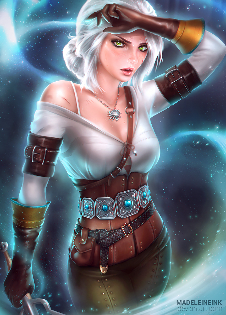1girl, arm_at_side, arm_up, artist_name, between_breasts, breasts, brown_gloves, ciri, deviantart_username, elbow_gloves, eyelashes, facial_scar, freckles, gloves, green_eyes, highres, holding, holding_weapon, jewelry, lips, long_sleeves, looking_at_viewer, madeleine_bellwoar, medium_breasts, necklace, nose, off_shoulder, open_mouth, parted_lips, pink_lips, scar, shirt, short_hair, silver, silver_hair, solo, space, standing, star, starry_background, strap_cleavage, the_witcher, watermark, weapon, web_address, white_shirt