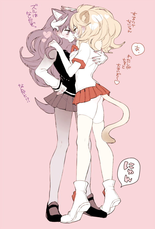 2girls, animal_ears, antlers, ass, black_hair, blonde_hair, blush, breasts, chino_machiko, full_body, fur_collar, hand_on_another's_back, hand_on_another's_shoulder, heart, kemono_friends, legs, lion_(kemono_friends), lion_ears, lion_tail, long_sleeves, looking_at_another, moose_(kemono_friends), moose_ears, moose_tail, multiple_girls, pantyhose, pink_background, pleated_skirt, school_uniform, short_sleeves, simple_background, skier, skirt, speech_bubble, sweatdrop, sweater_vest, tail, text, thigh-highs, translation_request, yuri