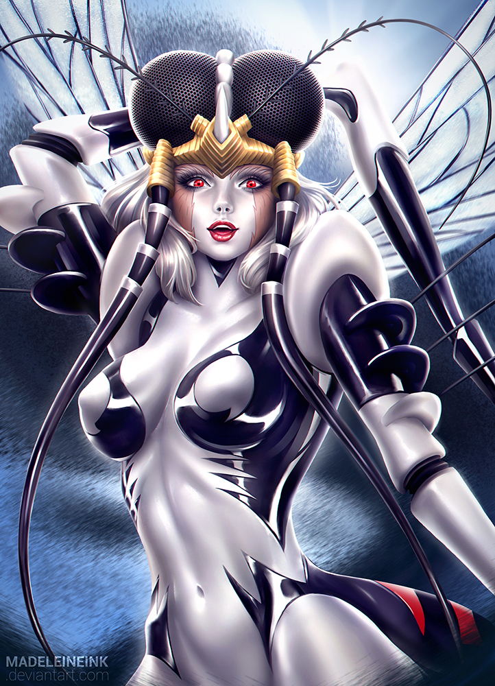 1girl, antennae, arm_up, artist_name, breasts, compound_eyes, erect_nipples, extra_eyes, facial_mark, groin, horn, insect_wings, large_breasts, madeleine_bellwoar, monster_girl, mosquito_musume, navel, one-punch_man, open_mouth, red_eyes, red_lips, smile, solo, watermark, web_address, white_hair, white_skin, wings