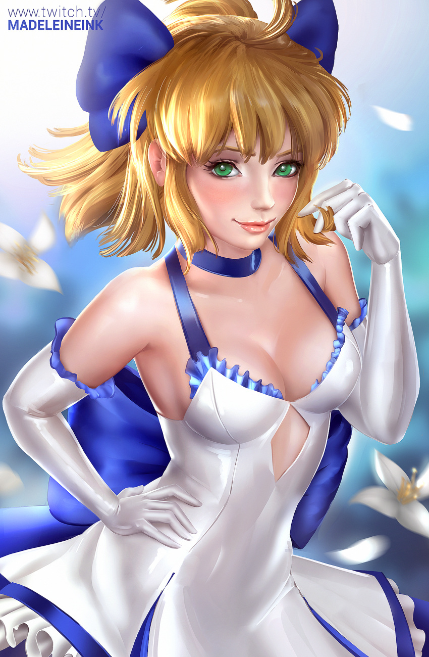 1girl, artist_name, back_bow, blue_bow, blue_choker, bow, breasts, choker