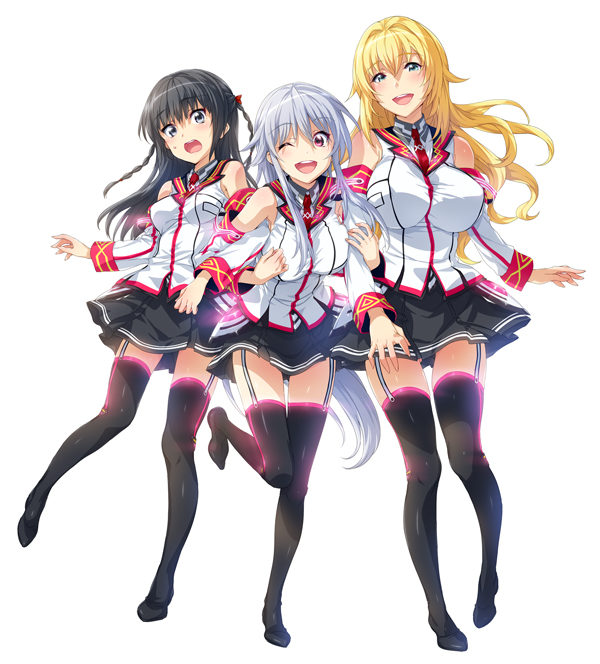 3girls, ;d, bangs, bare_shoulders, black_eyes, black_hair, black_legwear, black_skirt