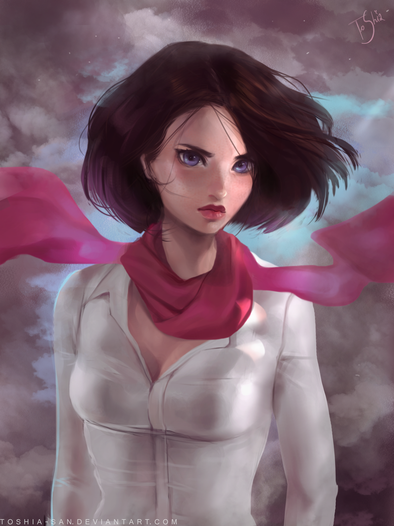 1girl, aleksandra_jedrasik, arms_at_sides, artist_name, blue_eyes, breasts, cleavage, collared_shirt, commentary, deviantart_username, dress_shirt, flowing_scarf, freckles, lips, long_sleeves, looking_at_viewer, medium_breasts, mikasa_ackerman, red_lips, red_scarf, scarf, serious, shingeki_no_kyojin, shirt, short_hair, signature, solo, watermark, web_address, white_shirt