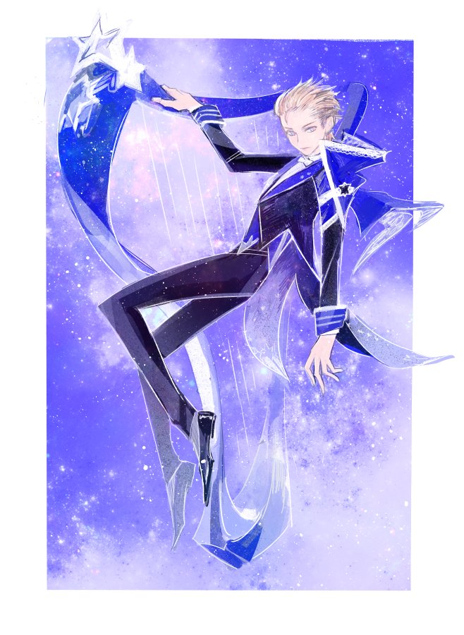1boy, brown_eyes, brown_hair, closed_mouth, elysian_(granblue_fantasy), formal, full_body, gran_(granblue_fantasy), granblue_fantasy, ha1da, hair_slicked_back, harp, instrument, looking_at_viewer, male_focus, purple_background, solo, tuxedo
