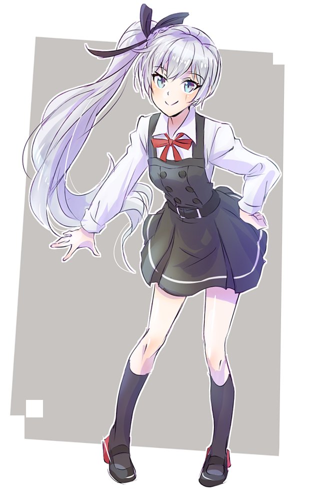 1girl, belt, black_legwear, blue_eyes, commentary_request, cosplay, eye_scar, hair_ribbon, hand_on_hip, iesupa, kantai_collection, kasumi_(kantai_collection), kasumi_(kantai_collection)_(cosplay), ribbon, rwby, school_uniform, shoes, smile, solo, weiss_schnee, white_hair