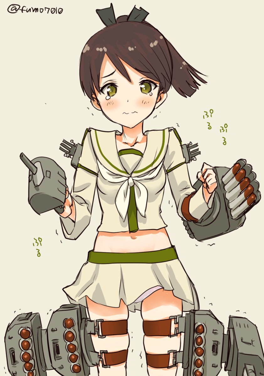 1girl, blush, brown_hair, cannon, commentary_request, cosplay, crying, crying_with_eyes_open, green_eyes, hair_ribbon, highres, kantai_collection, kujira_naoto, long_hair, neckerchief, ooi_(kantai_collection), ooi_(kantai_collection)_(cosplay), panties, pantyshot, pantyshot_(standing), ponytail, remodel_(kantai_collection), ribbon, rigging, sailor_collar, shikinami_(kantai_collection), skindentation, solo, standing, tears, torpedo, twitter_username, underwear, wavy_mouth, white_panties