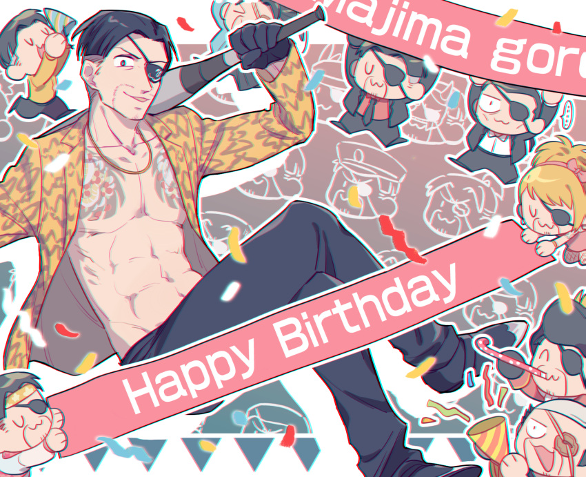 1boy, :3, baseball_bat, black_gloves, black_hair, chibi, crossdressinging, eyepatch, formal, gloves, happy_birthday, highres, jacket, majima_gorou, male_focus, mino_(mino_cat), multiple_persona, open_clothes, open_jacket, ryuu_ga_gotoku, shaved, snakeskin_print, suit, undercut