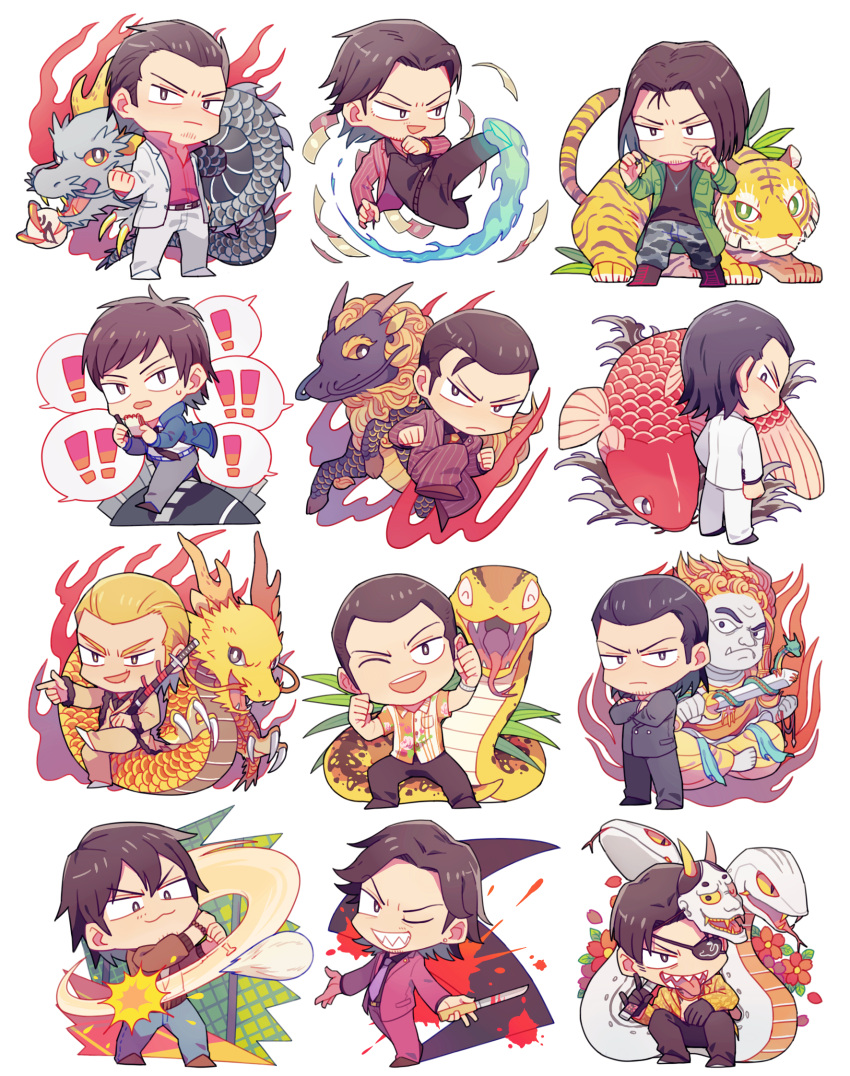 akiyama_shun, baseball_bat, black_hair, carp, chibi, doujima_daigo, dragon, dragons
