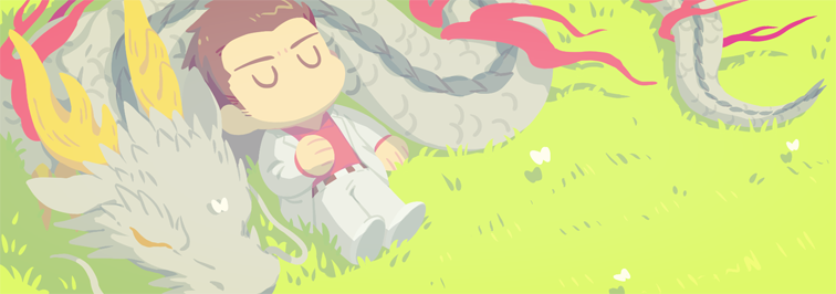 1boy, brown_hair, chibi, dragon, formal, grass, kiryuu_kazuma, male_focus