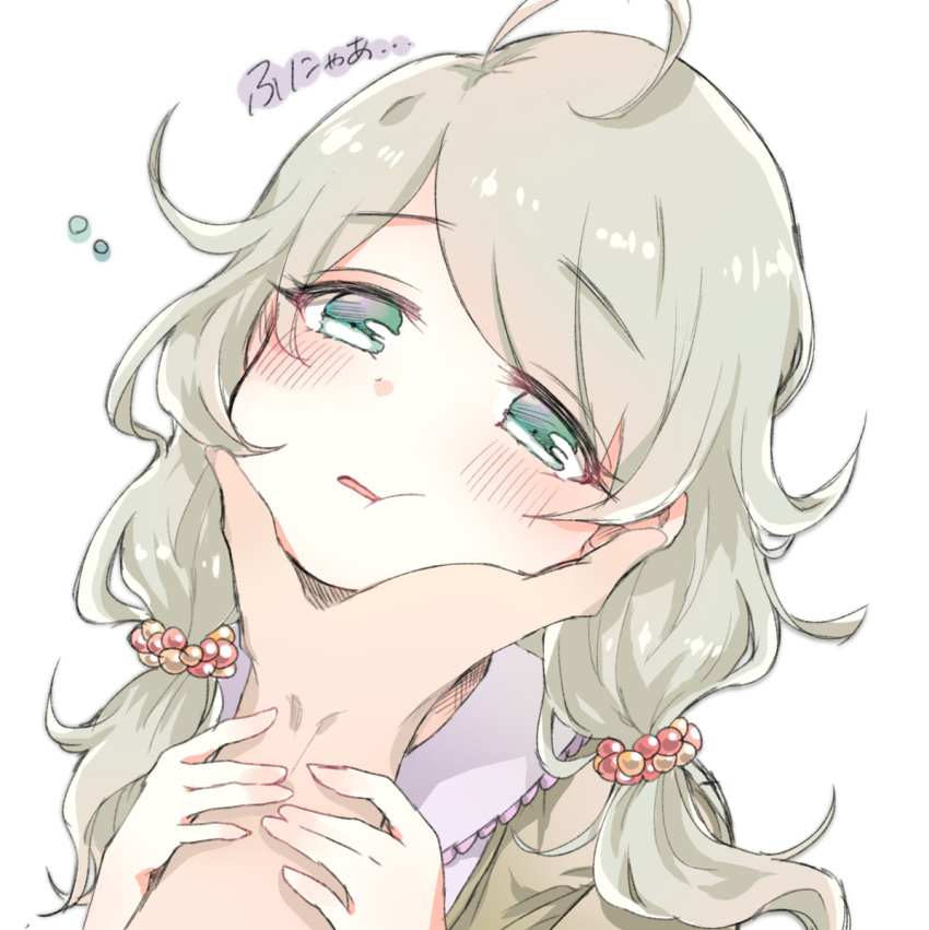 1girl, ahoge, bangs, beige_jacket, cheek_squash, close-up, dot_nose, eyebrows_visible_through_hair