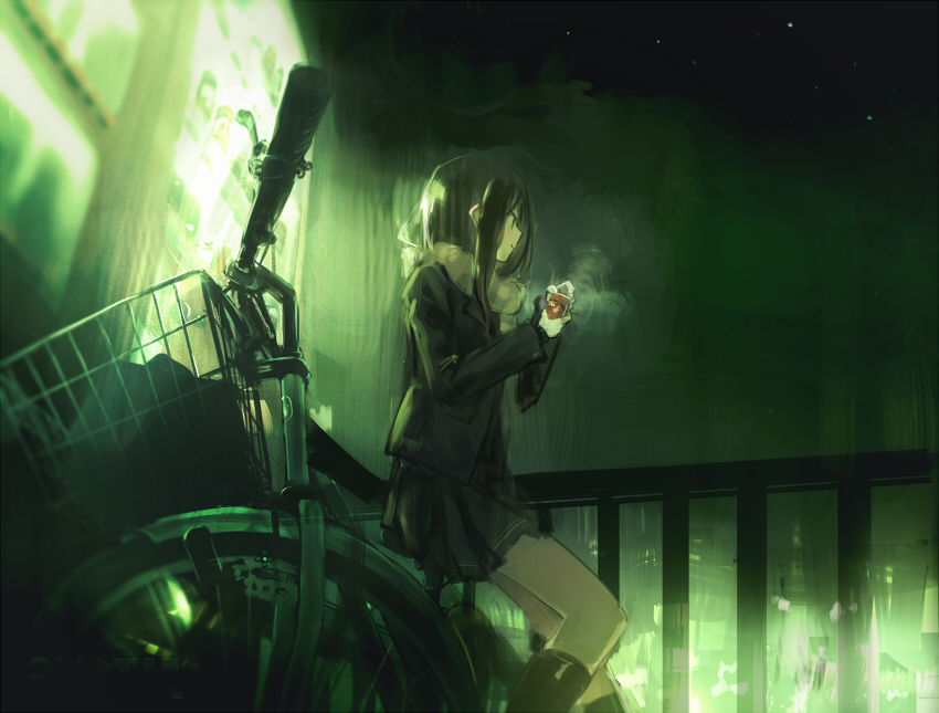 1girl, alt_(apou), backlighting, bicycle, black_hair, blazer, blurry, dark