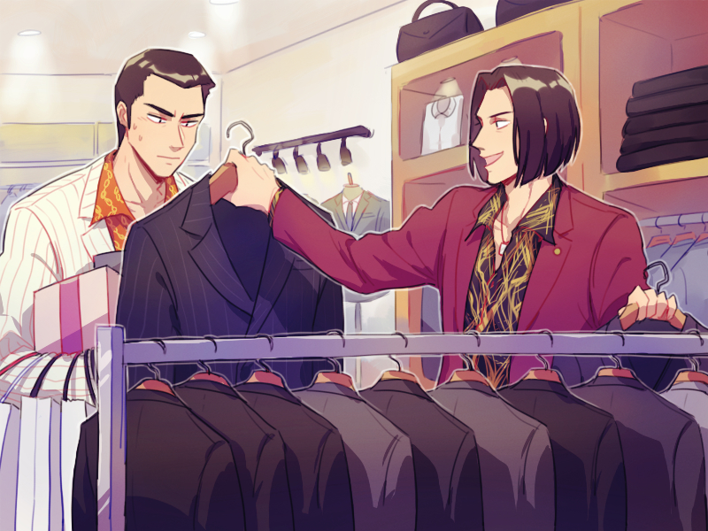 2boys, black_hair, clothes, formal, kiryuu_kazuma, male_focus, mino_(mino_cat), multiple_boys, nishikiyama_akira, ryuu_ga_gotoku, shopping, suit