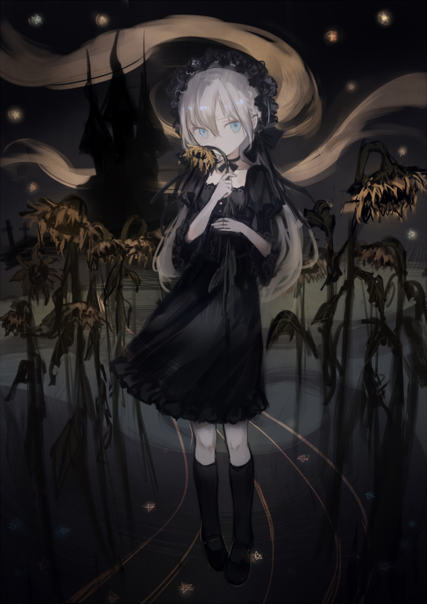 1girl, alt_(apou), black_dress, blonde_hair, blue_eyes, commentary, dark, dress, faux_traditional_media, flower, gothic_lolita, hairband, highres, holding, holding_flower, kneehighs, lolita_fashion, long_hair, looking_at_viewer, mary_janes, neck_ribbon, original, pigeon-toed, ribbon, shoes, sketch, solo, star, sunflower, texture