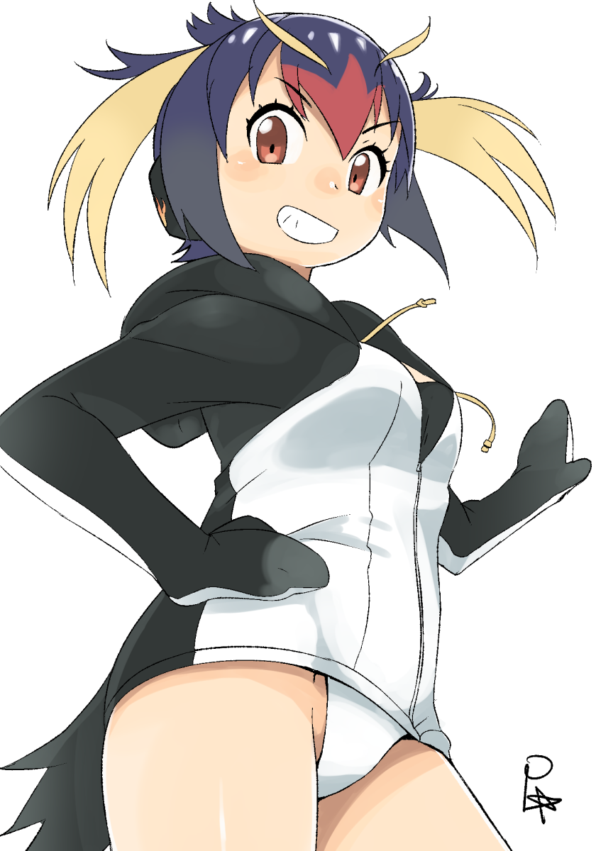 1girl, black_hair, blush, breasts, commentary_request, cowboy_shot, crotch, drawstrings